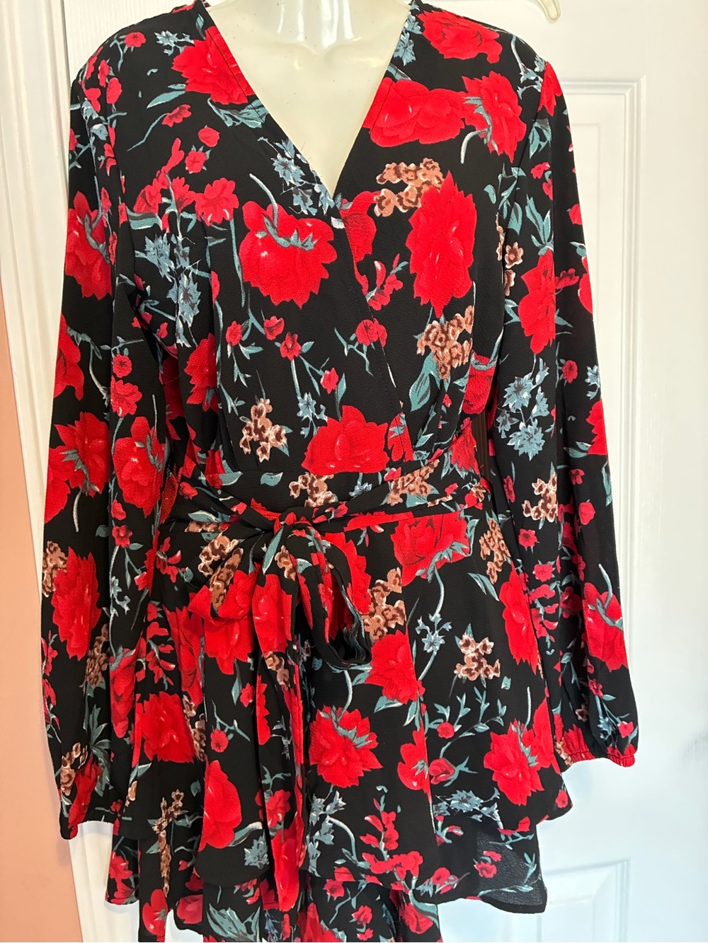 Red Floral Wrap Romper for Women